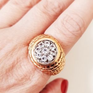 Vintage 70s 80s Mens 18kt gold ep men's ring bling CZ size 12 basket weave
